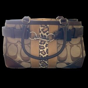 Coach Brown/Tan Signature Satchel with Leopard Accent